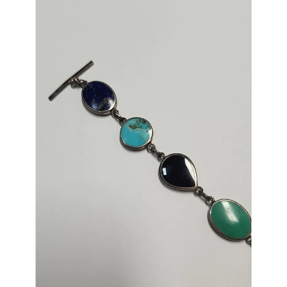 Sterling Silver Reversible Assorted Gemstone Bracelet Lapis Onyx Turquoise Etc